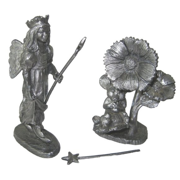 Michael Ricker Pewter 2 Figurine Flowers & Mice, Fairy With Crown Wand & Wings - Picture 2 of 12